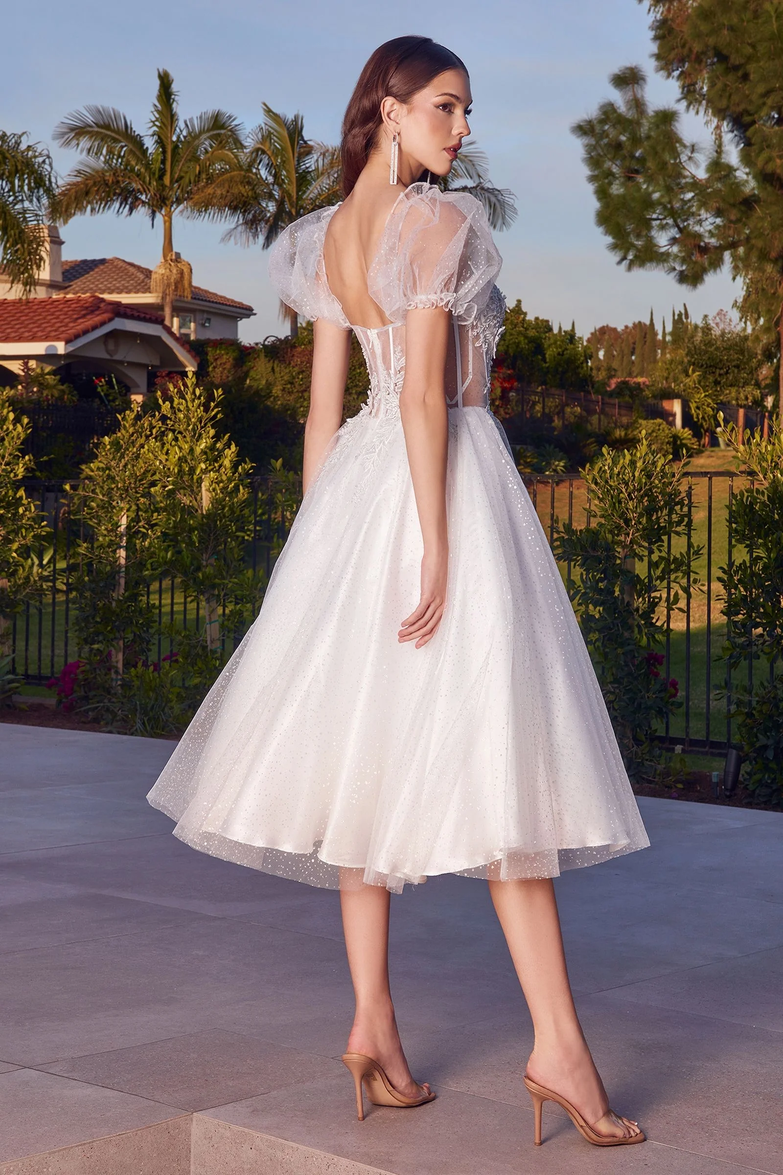 Ladivine CD0187W Short Tea Length Shimmer White Dress Sheer Corset Puff Sleeve Wedding - Image 2