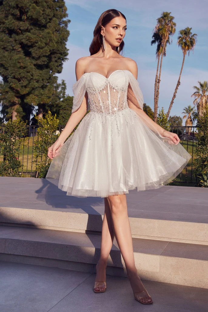 Ladivine CD0211 Short Dress sheer fit & flare Shimmer off the shoulder corset cocktail dress Homecoming - Image 2