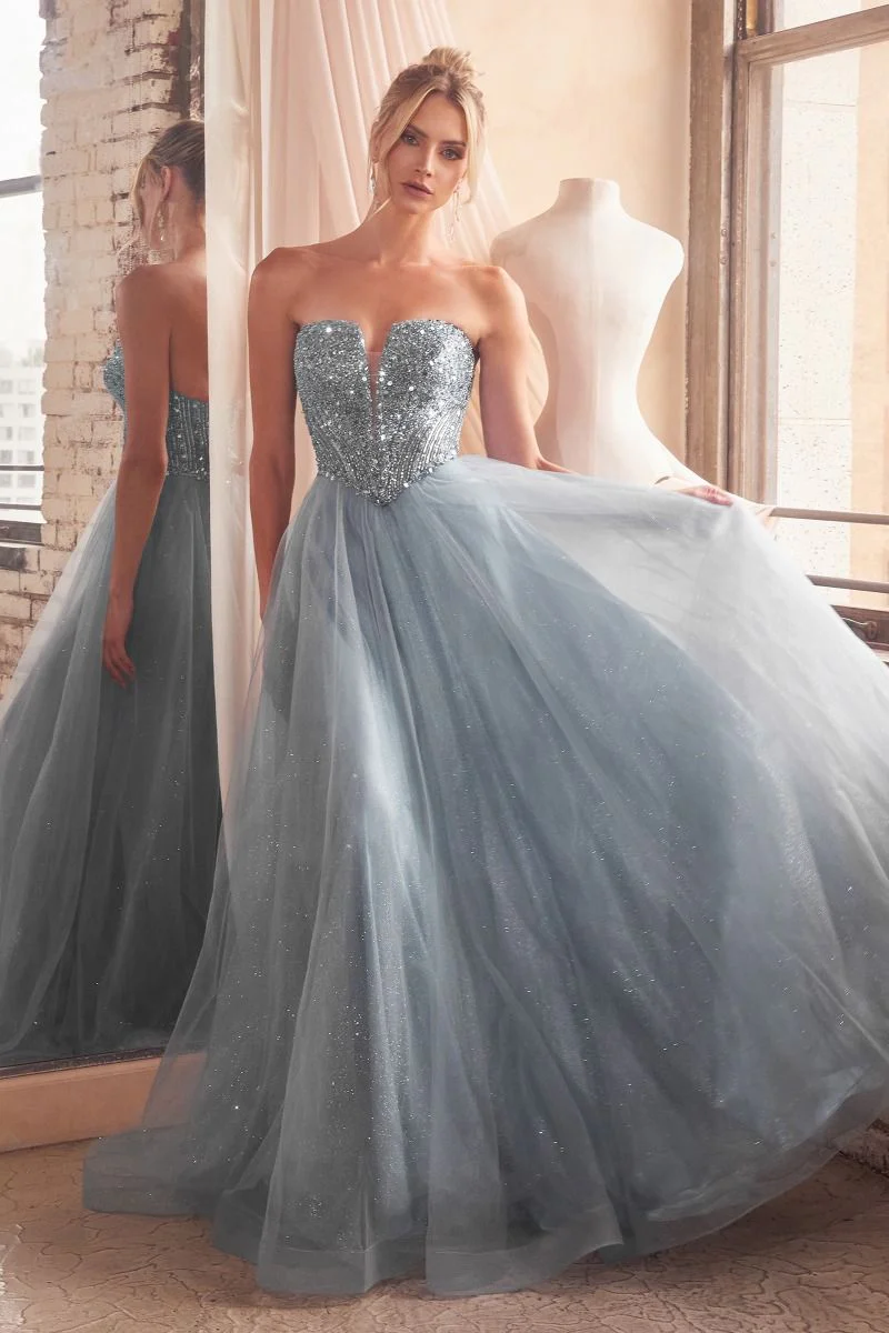 Ladivine CD0217 Strapless Sequin Shimmer Tulle Ballgown Formal Dress Prom V Neck Gown
