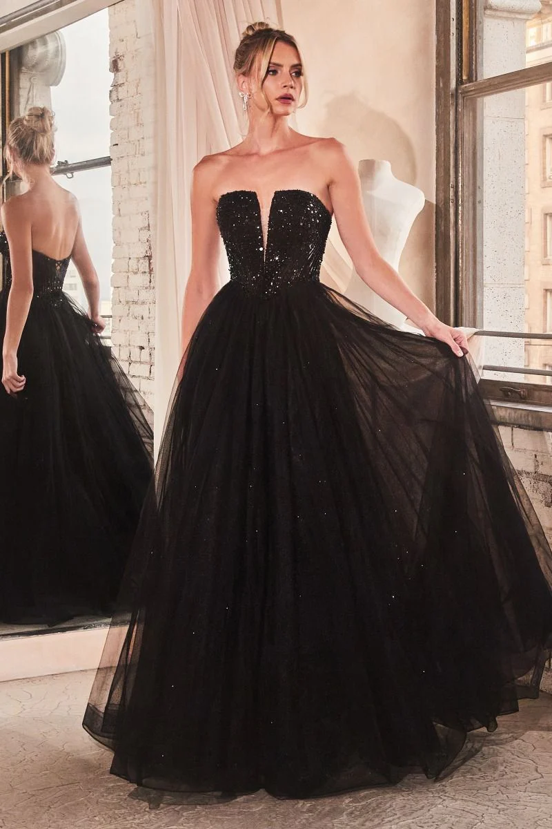 Ladivine CD0217 Strapless Sequin Shimmer Tulle Ballgown Formal Dress Prom V Neck Gown - Image 2