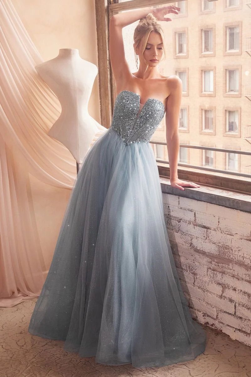 Ladivine CD0217 Strapless Sequin Shimmer Tulle Ballgown Formal Dress Prom V Neck Gown - Image 5