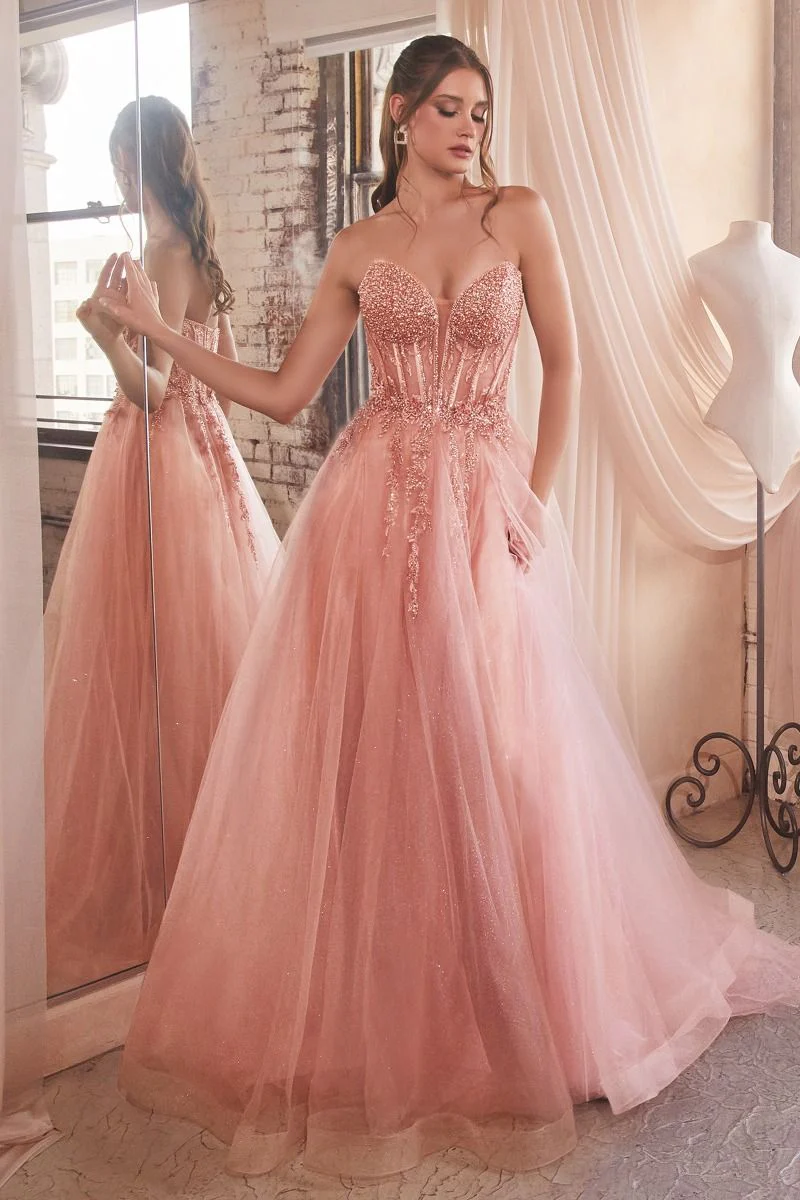 Ladivine CD0230 Beaded Sheer Corset A Line Maxi Slit Prom Dress Shimmer Ballgown Formal - Image 8