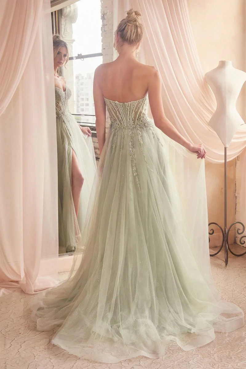 Ladivine CD0230 Size 6 SAGE  Beaded Sheer Corset A Line Maxi Slit Prom Dress Shimmer Ballgown Formal - Image 3