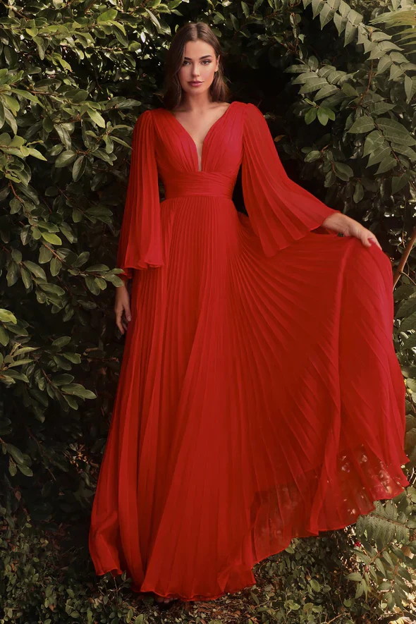 Ladivine CD242 Size 14 Rose Gold Long Formal Dress Pleated Chiffon A Line Bell Sleeve V Neck Bridesmaid Gown - Image 11