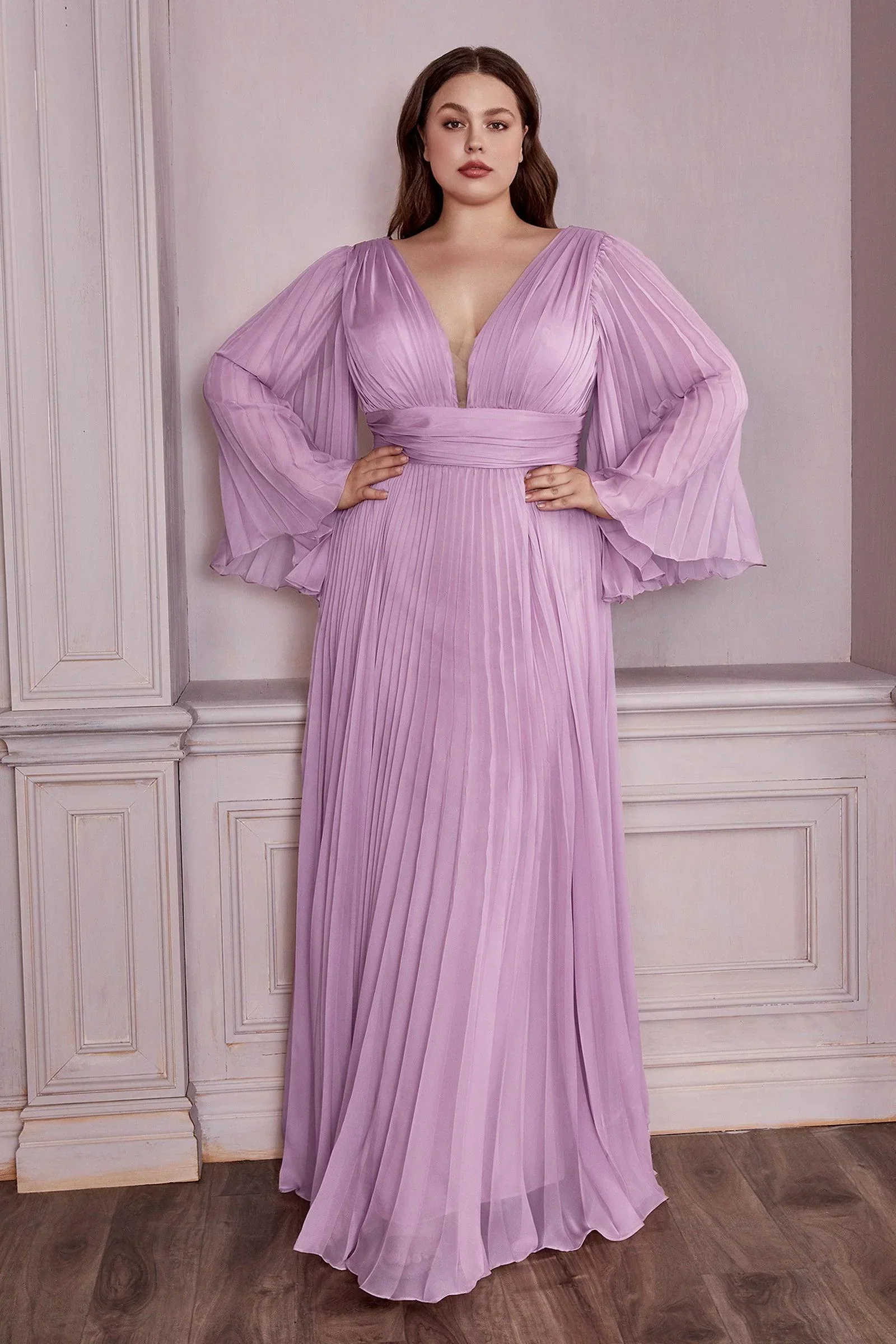 Ladivine CD242 Size 14 Rose Gold Long Formal Dress Pleated Chiffon A Line Bell Sleeve V Neck Bridesmaid Gown - Image 16