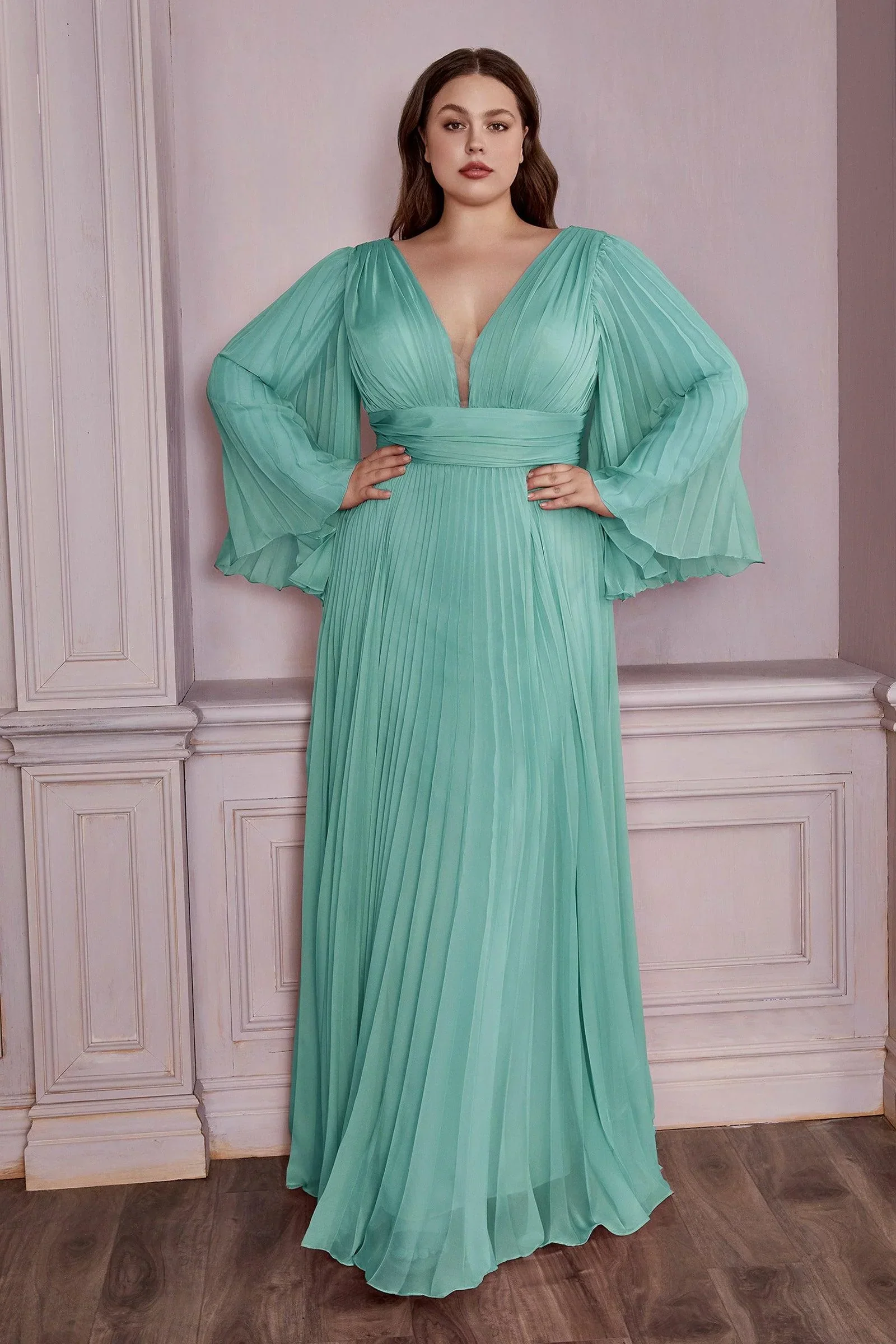 Ladivine CD242 Size 14 Rose Gold Long Formal Dress Pleated Chiffon A Line Bell Sleeve V Neck Bridesmaid Gown - Image 17