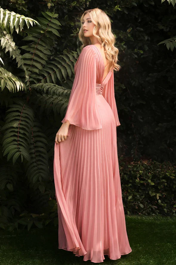 Ladivine CD242 Size 14 Rose Gold Long Formal Dress Pleated Chiffon A Line Bell Sleeve V Neck Bridesmaid Gown - Image 2
