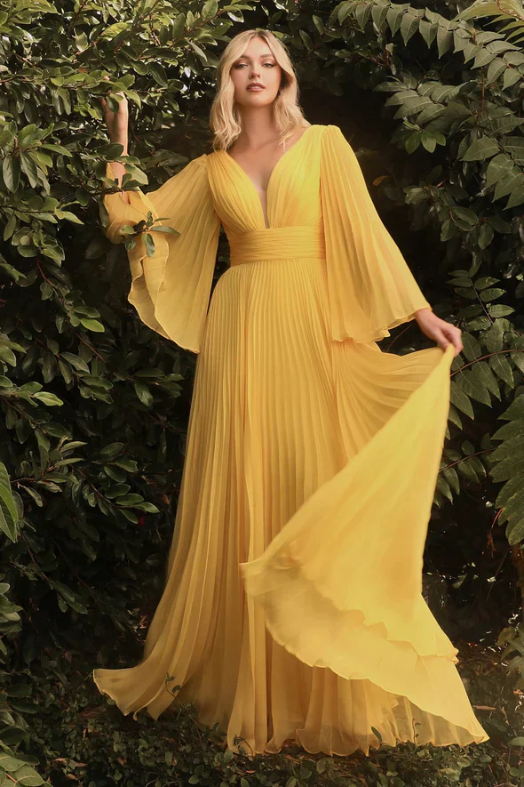 Ladivine CD242 Size 14 Rose Gold Long Formal Dress Pleated Chiffon A Line Bell Sleeve V Neck Bridesmaid Gown - Image 3