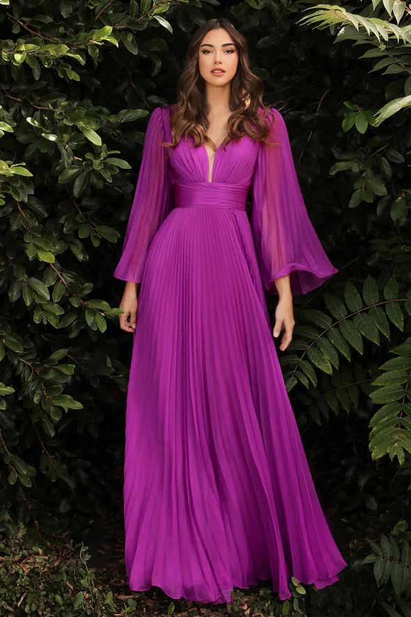 Ladivine CD242 Size 14 Rose Gold Long Formal Dress Pleated Chiffon A Line Bell Sleeve V Neck Bridesmaid Gown - Image 6