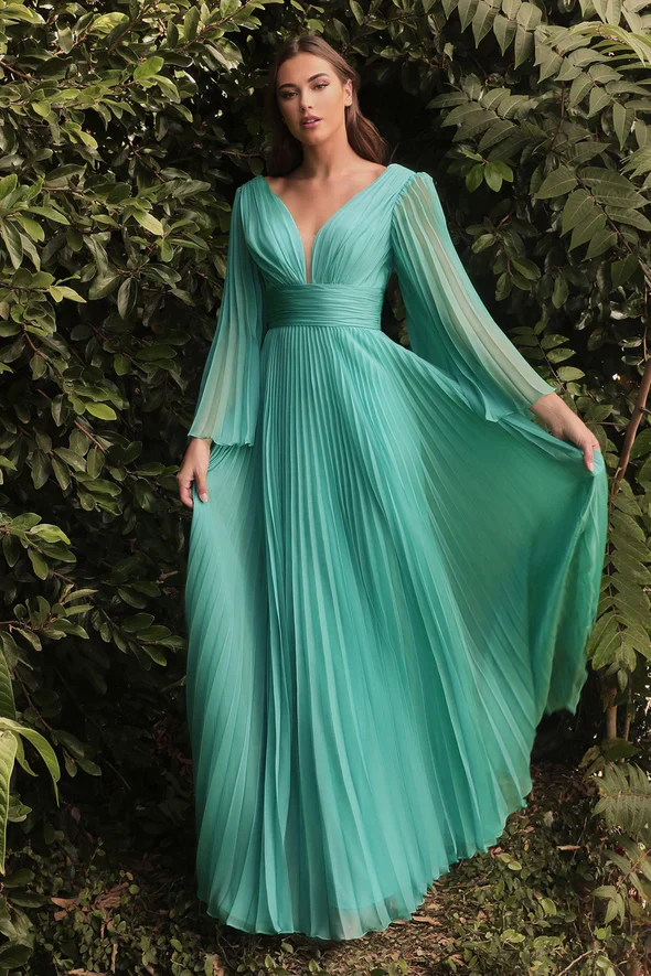 Ladivine CD242 Size 14 Rose Gold Long Formal Dress Pleated Chiffon A Line Bell Sleeve V Neck Bridesmaid Gown - Image 7