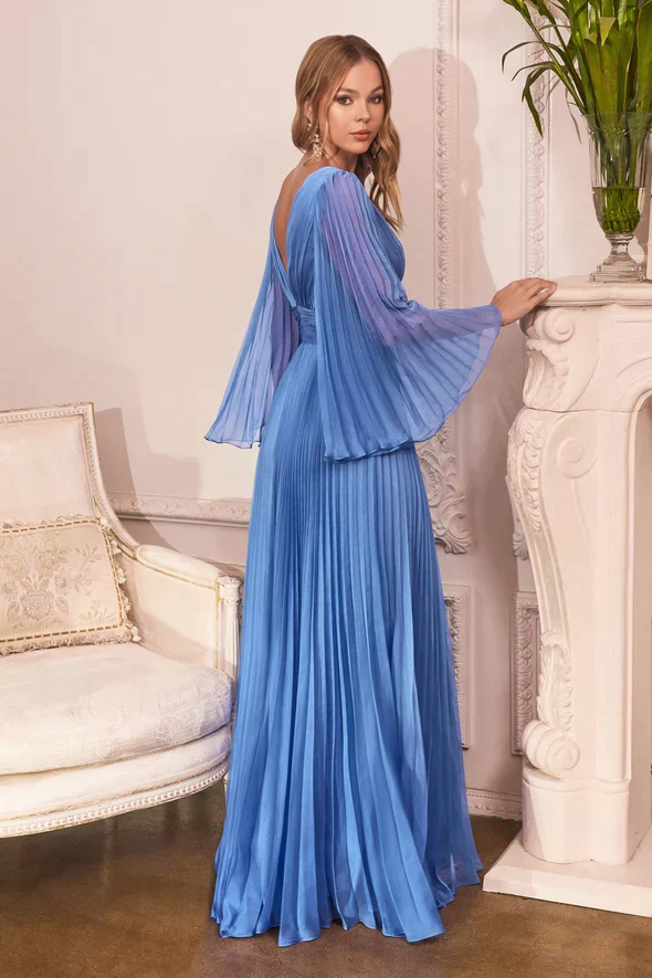 Ladivine CD242 Size 16 Champagne Long Pleated Chiffon A Line Bell Sleeve V Neck Formal Dress Bridesmaid Gown - Image 10