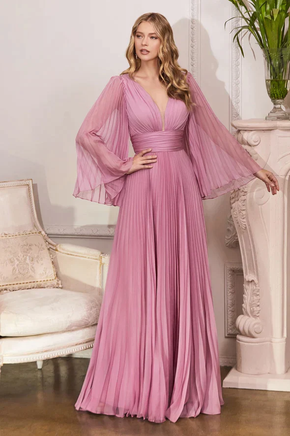Ladivine CD242 Size 16 Champagne Long Pleated Chiffon A Line Bell Sleeve V Neck Formal Dress Bridesmaid Gown - Image 12