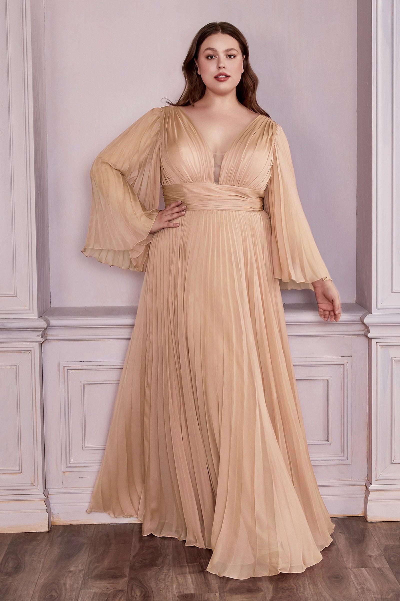 Ladivine CD242 Size 16 Champagne Long Pleated Chiffon A Line Bell Sleeve V Neck Formal Dress Bridesmaid Gown - Image 13