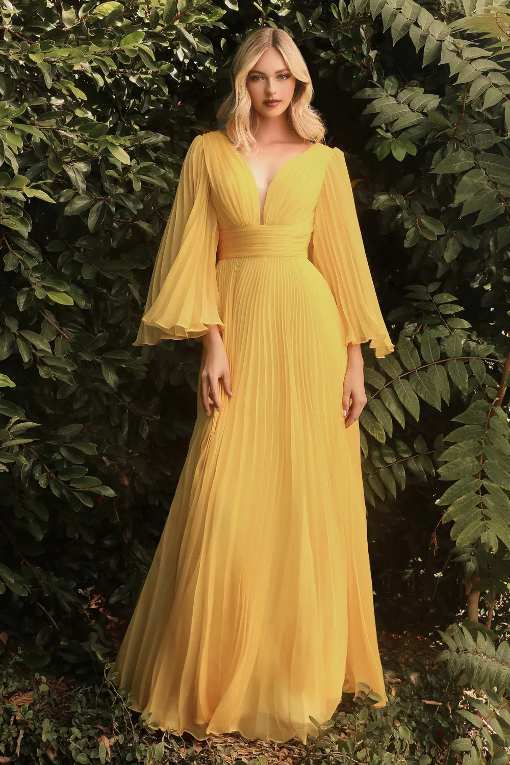 Ladivine CD242 Size 16 Champagne Long Pleated Chiffon A Line Bell Sleeve V Neck Formal Dress Bridesmaid Gown - Image 20