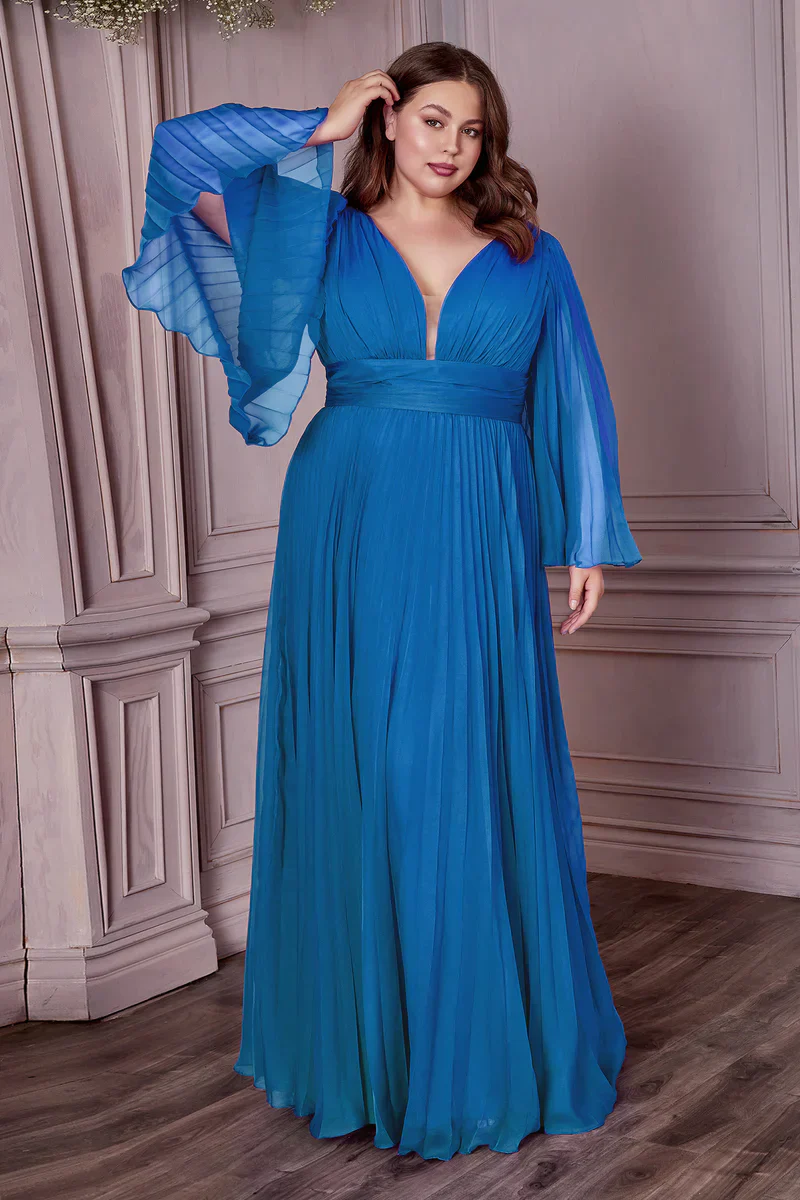 Ladivine CD242 Size 16 Champagne Long Pleated Chiffon A Line Bell Sleeve V Neck Formal Dress Bridesmaid Gown - Image 24