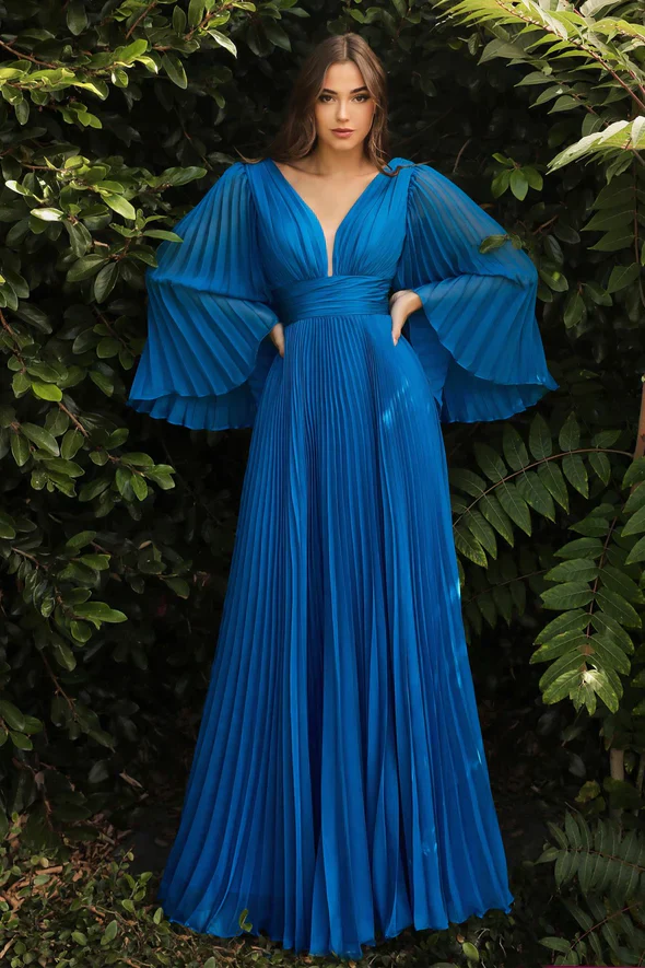 Ladivine CD242 Size 16 Champagne Long Pleated Chiffon A Line Bell Sleeve V Neck Formal Dress Bridesmaid Gown - Image 4