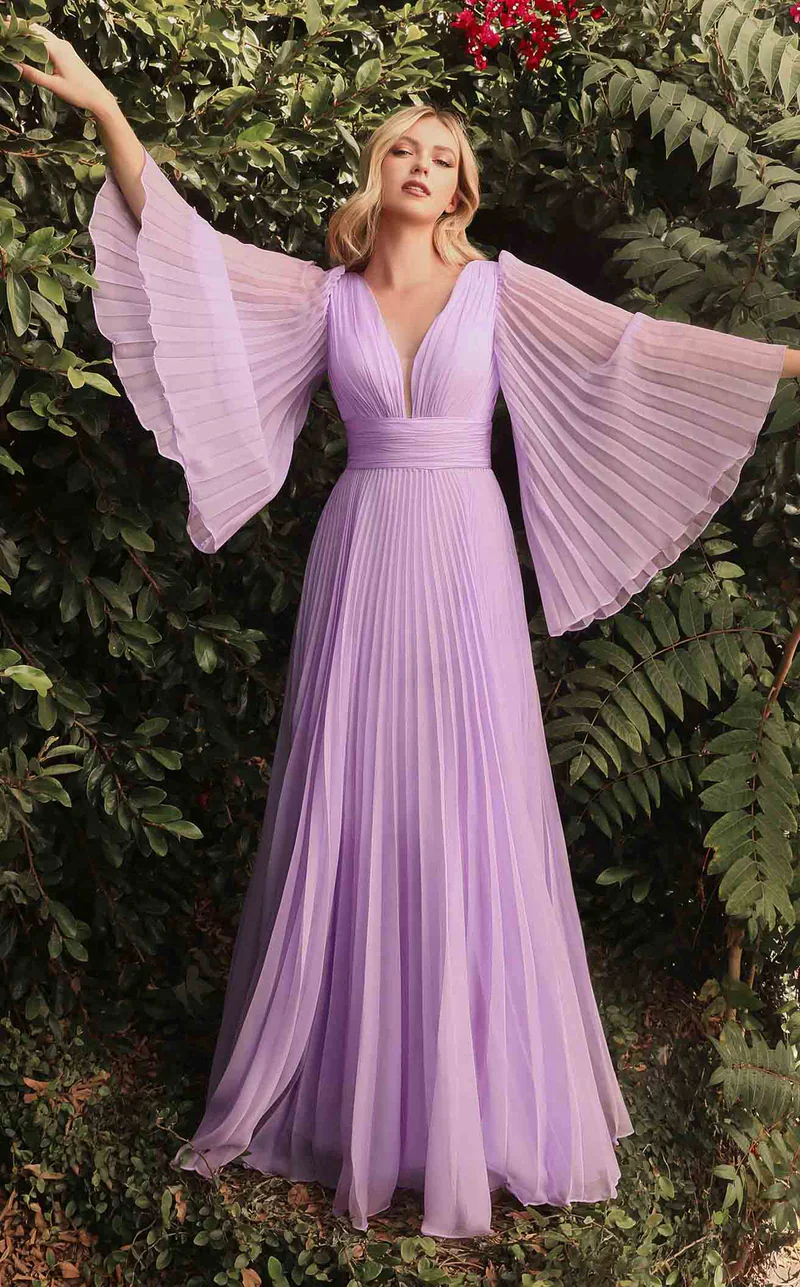 Ladivine CD242 Size 16 Champagne Long Pleated Chiffon A Line Bell Sleeve V Neck Formal Dress Bridesmaid Gown - Image 5