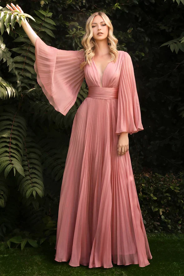 Ladivine CD242 Size 16 Champagne Long Pleated Chiffon A Line Bell Sleeve V Neck Formal Dress Bridesmaid Gown - Image 9