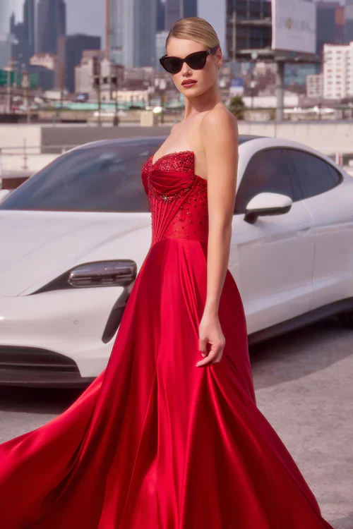 Ladivine CD297 Strapless Beaded A Line Prom Dress Satin Strapless Sweetheart Neckline - Image 17