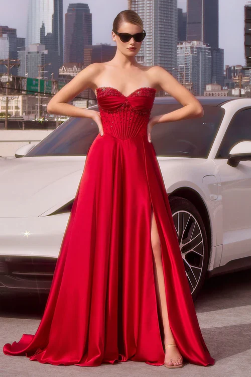 Ladivine CD297 Strapless Beaded A Line Prom Dress Satin Strapless Sweetheart Neckline - Image 18