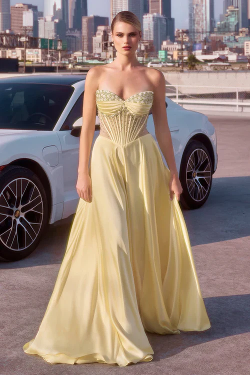 Ladivine CD297 Strapless Beaded A Line Prom Dress Satin Strapless Sweetheart Neckline - Image 7