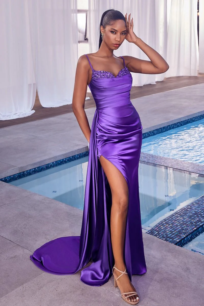 Ladivine CD340 Size 10 Nova Purple Long Satin Overskirt Prom Dress Formal Pageant Gown fitted ruched