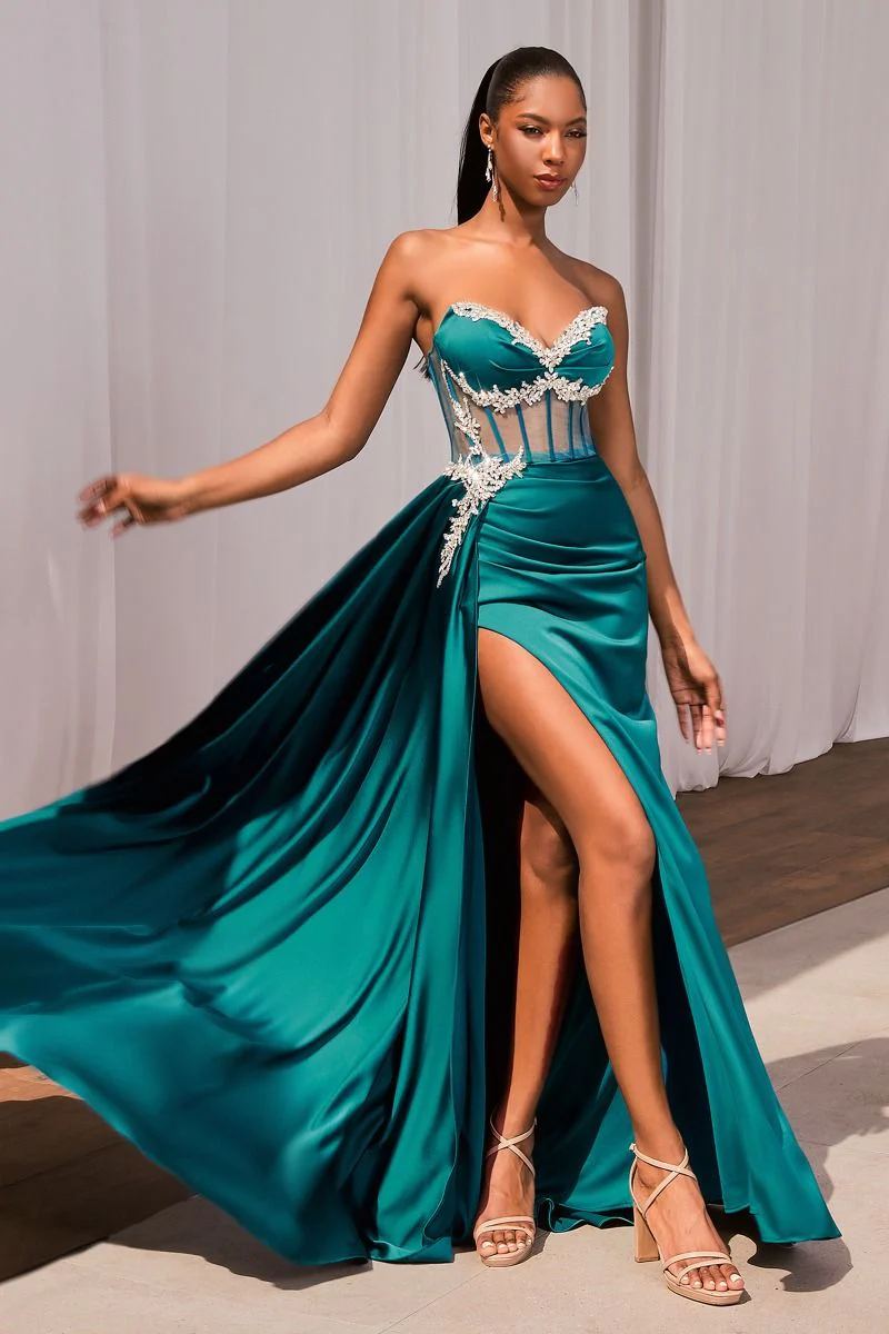 Ladivine CD343 Sheer Corset Satin Slit Prom Dress Crystal V Neck Strapless Gown Overskirt - Image 2