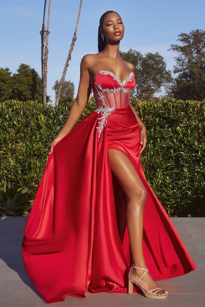 Ladivine CD343 Size 4,6 SAGE Sheer Corset Satin Slit Prom Dress Crystal V Neck Strapless Gown Overskirt - Image 5