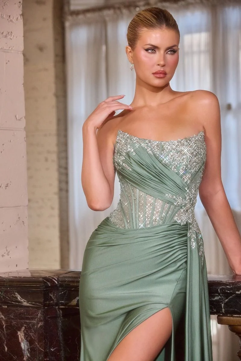 Ladivine CD689 Beaded Sheer Corset Scoop Neck Prom Dress - Image 7