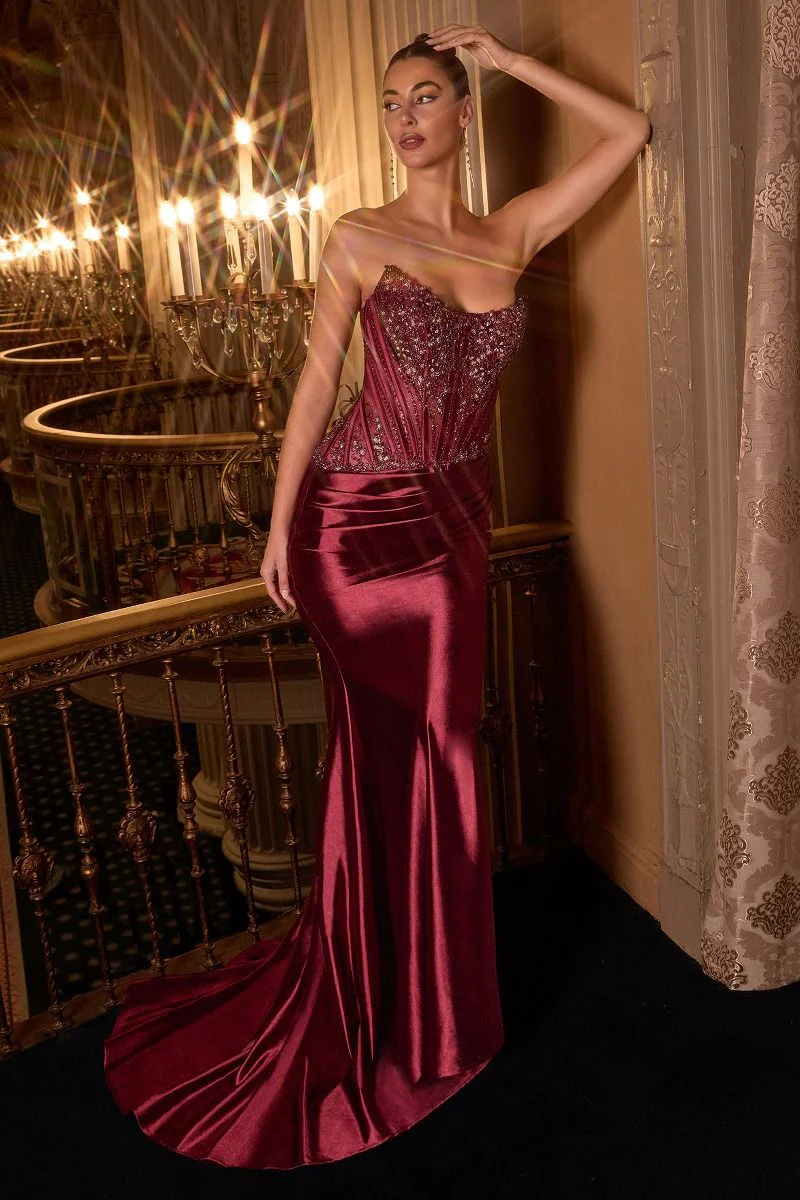 Ladivine CD725 Long Fitted Sheer Crystal Corset Formal Evening Dress Mermaid Scoop Neck Prom Pageant - Image 6