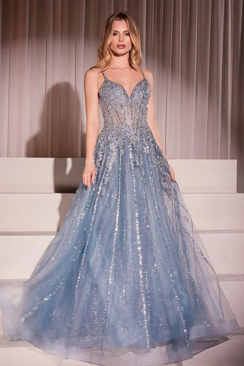 Ladivine CD786 Sheer Crystal Corset Prom Dress Pageant Gown