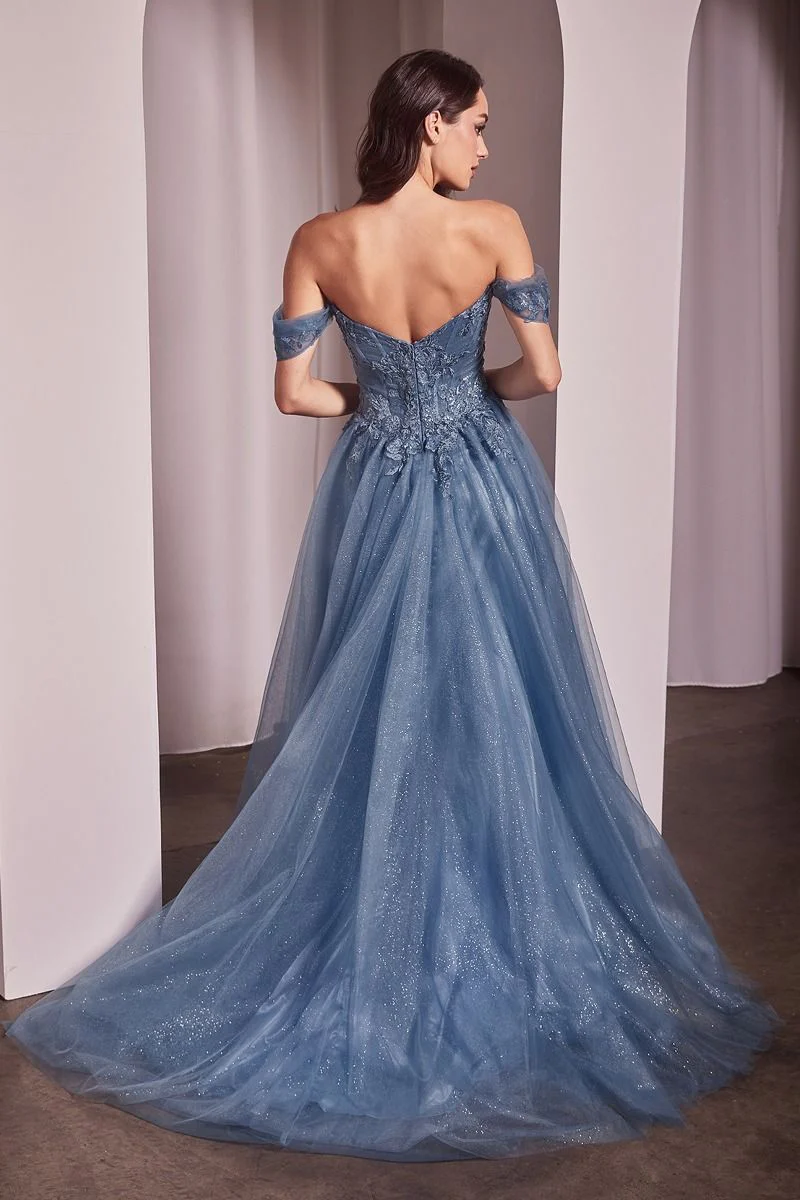 Ladivine CD799 Size 10 Smoky Blue Tulle A Line Shimmer Dress Formal Off the Shoulder Ballgown Lace Bodice - Image 2