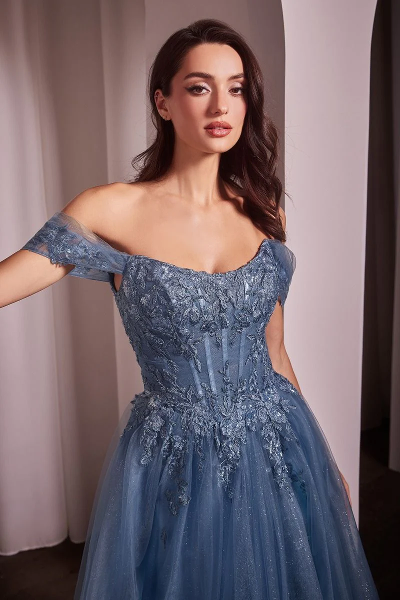 Ladivine CD799 Size 10 Smoky Blue Tulle A Line Shimmer Dress Formal Off the Shoulder Ballgown Lace Bodice - Image 3