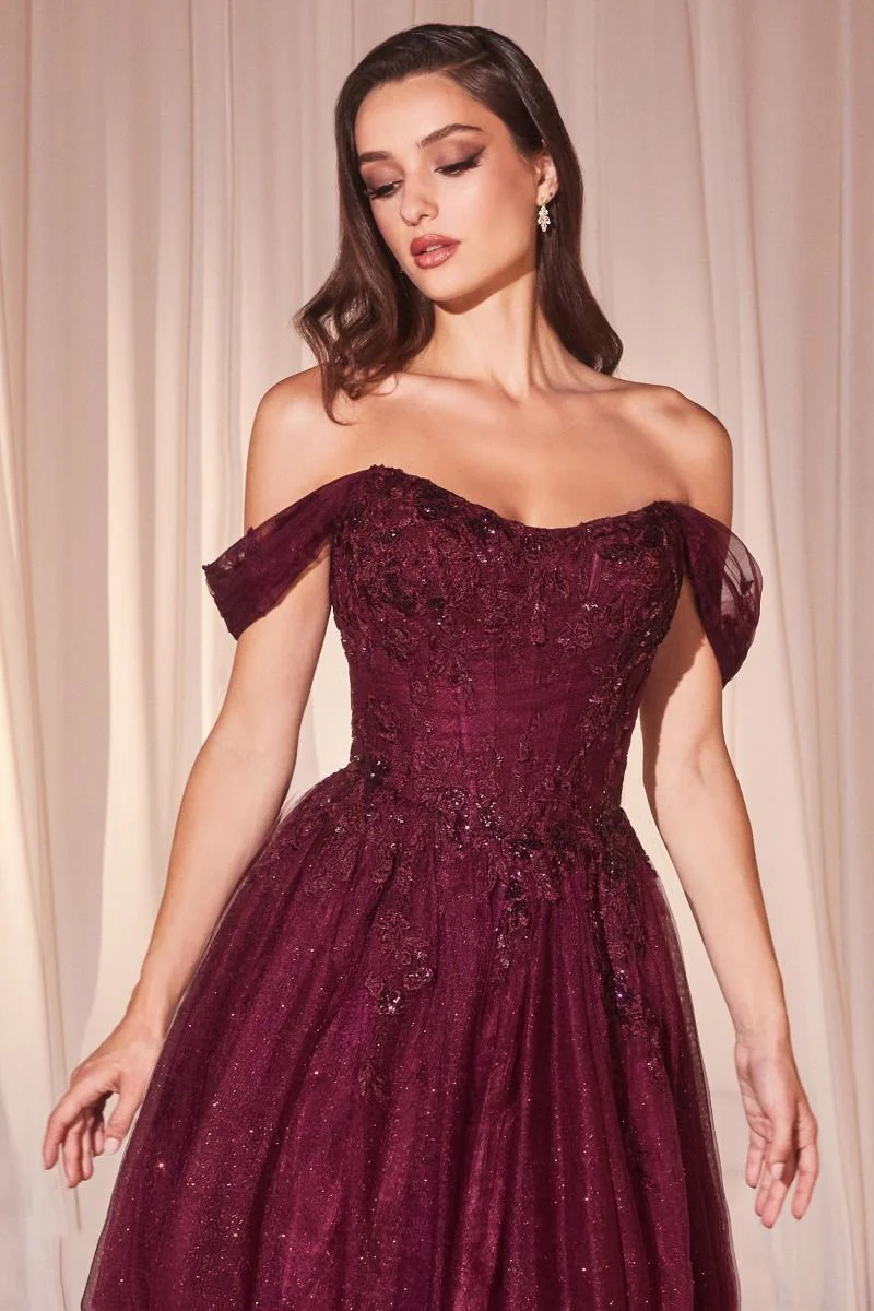 Ladivine CD799 Size 10 Smoky Blue Tulle A Line Shimmer Dress Formal Off the Shoulder Ballgown Lace Bodice - Image 6