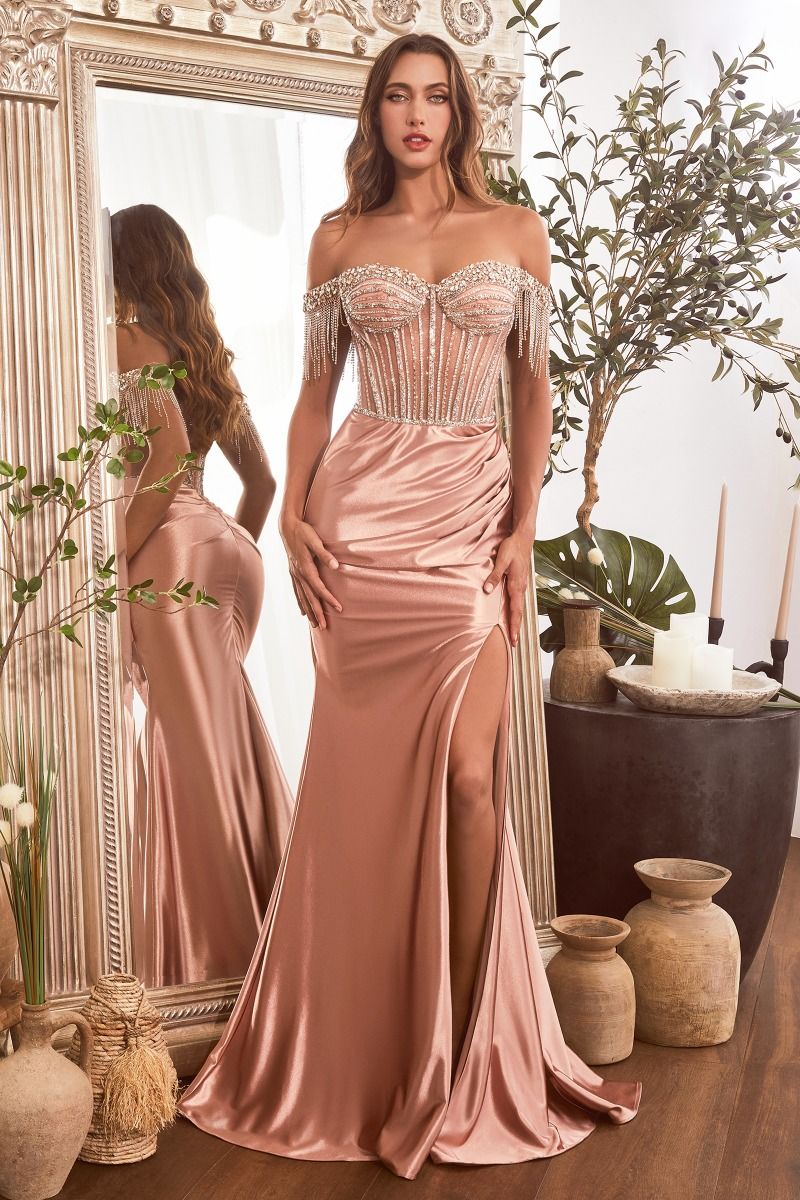 Ladivine CD821 Sheer Crystal off the shoulder corset Fringe Slit Satin Prom Dress Pageant Gown Evening - Image 3