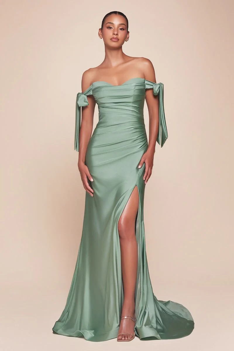 Ladivine CD943C Evening Bridesmaids Dress Curvy Sizes Off the Shoulder Tie Straps Fitted Ruched Slit - Image 14