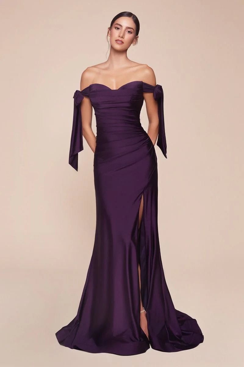 Ladivine CD943C Evening Bridesmaids Dress Curvy Sizes Off the Shoulder Tie Straps Fitted Ruched Slit - Image 15