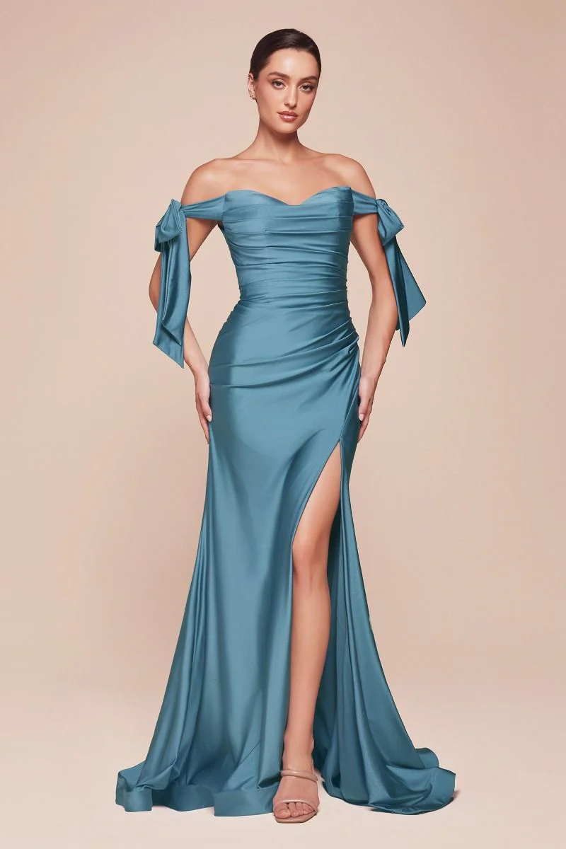 Ladivine CD943C Evening Bridesmaids Dress Curvy Sizes Off the Shoulder Tie Straps Fitted Ruched Slit - Image 16