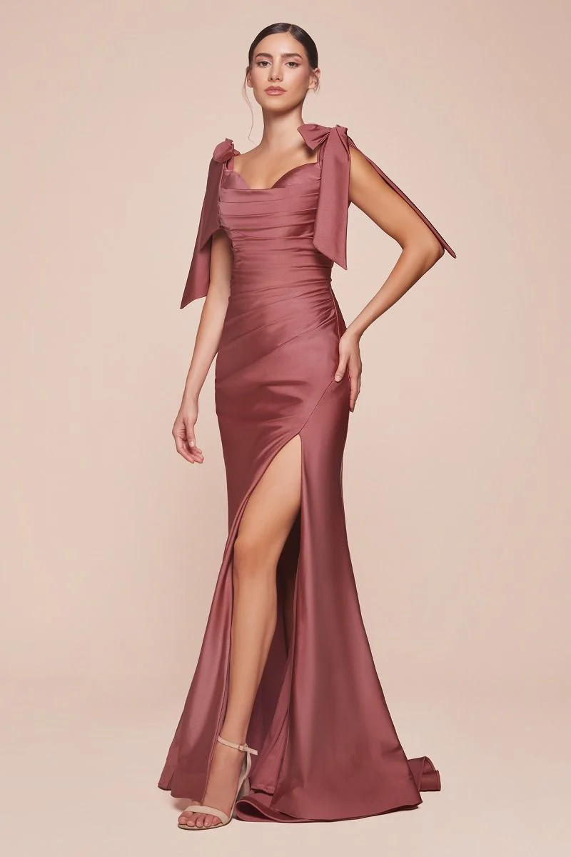 Ladivine CD943C Evening Bridesmaids Dress Curvy Sizes Off the Shoulder Tie Straps Fitted Ruched Slit - Image 19