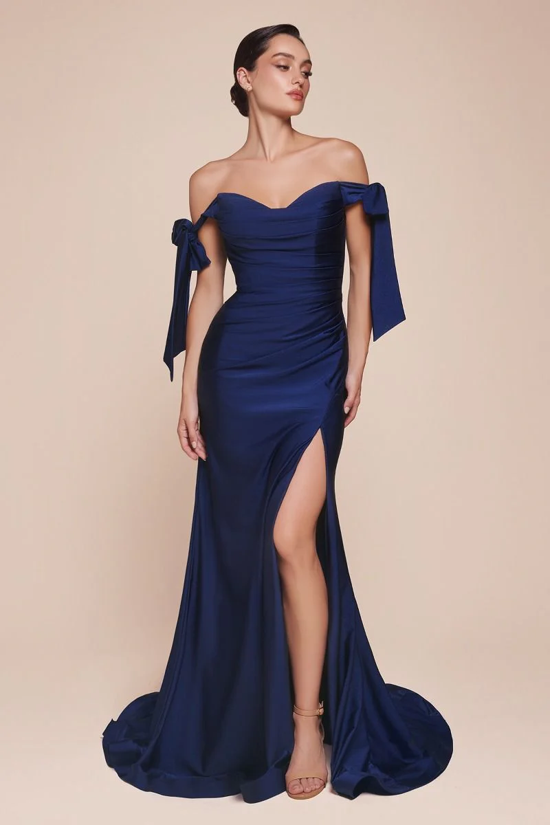 Ladivine CD943 Evening Bridesmaids Dress Off the Shoulder Tie Straps Fitted Ruched with Slit - Image 11