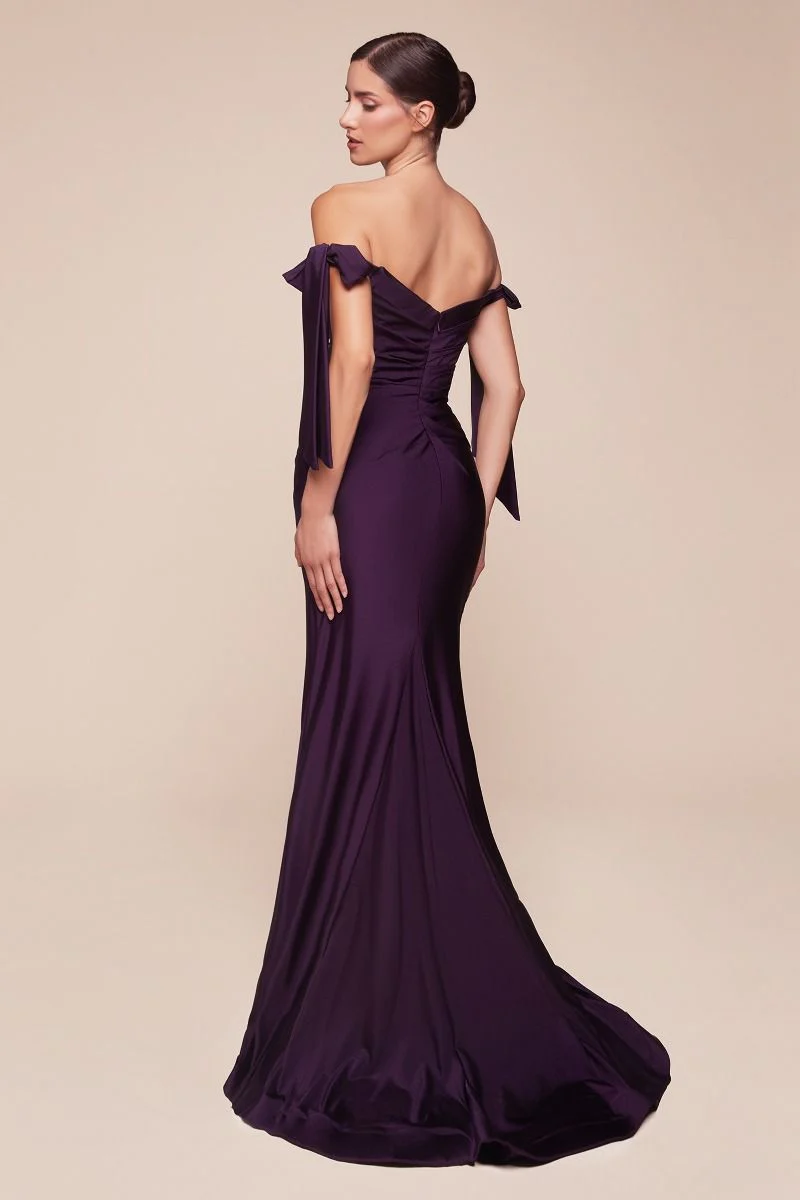 Ladivine CD943 Evening Bridesmaids Dress Off the Shoulder Tie Straps Fitted Ruched with Slit - Image 18