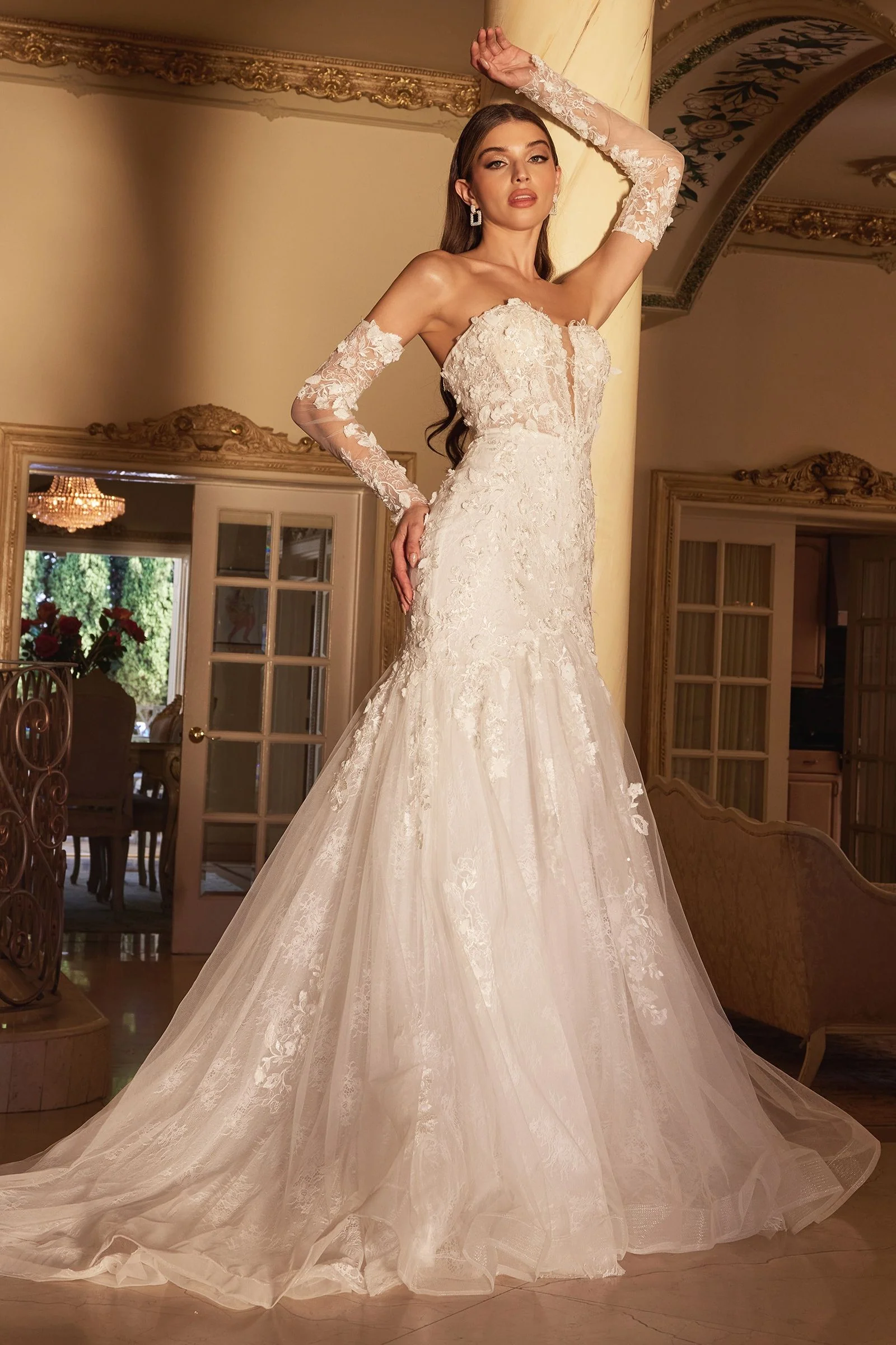 Ladivine CD977W Long Sleeve Lace Fit & Flare Wedding Dress V Neck Bridal Gown - Image 3