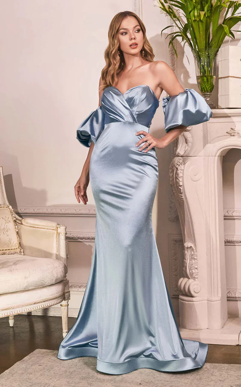 Ladivine CD983 Size 14 Red Long Fitted Satin Strapless Puff Sleeve Formal Dress Bridesmaid Evening Gown - Image 11