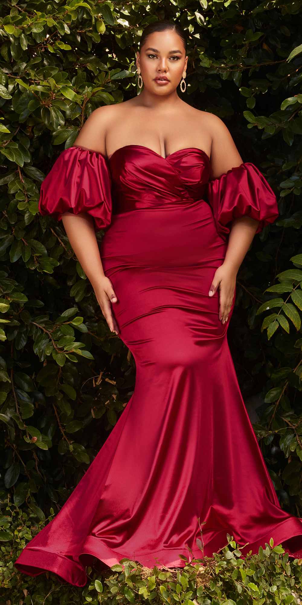 Ladivine CD983 Size 14 Red Long Fitted Satin Strapless Puff Sleeve Formal Dress Bridesmaid Evening Gown - Image 13