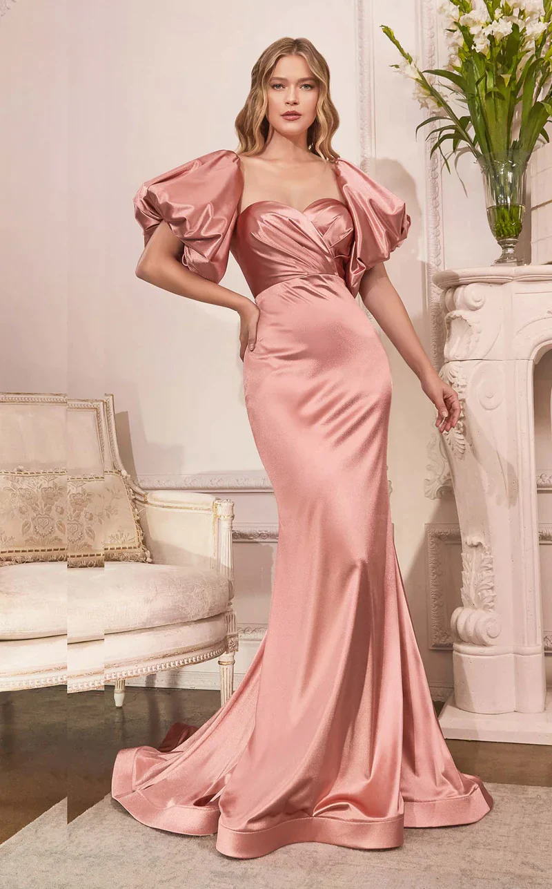 Ladivine CD983 Size 14 Red Long Fitted Satin Strapless Puff Sleeve Formal Dress Bridesmaid Evening Gown - Image 6
