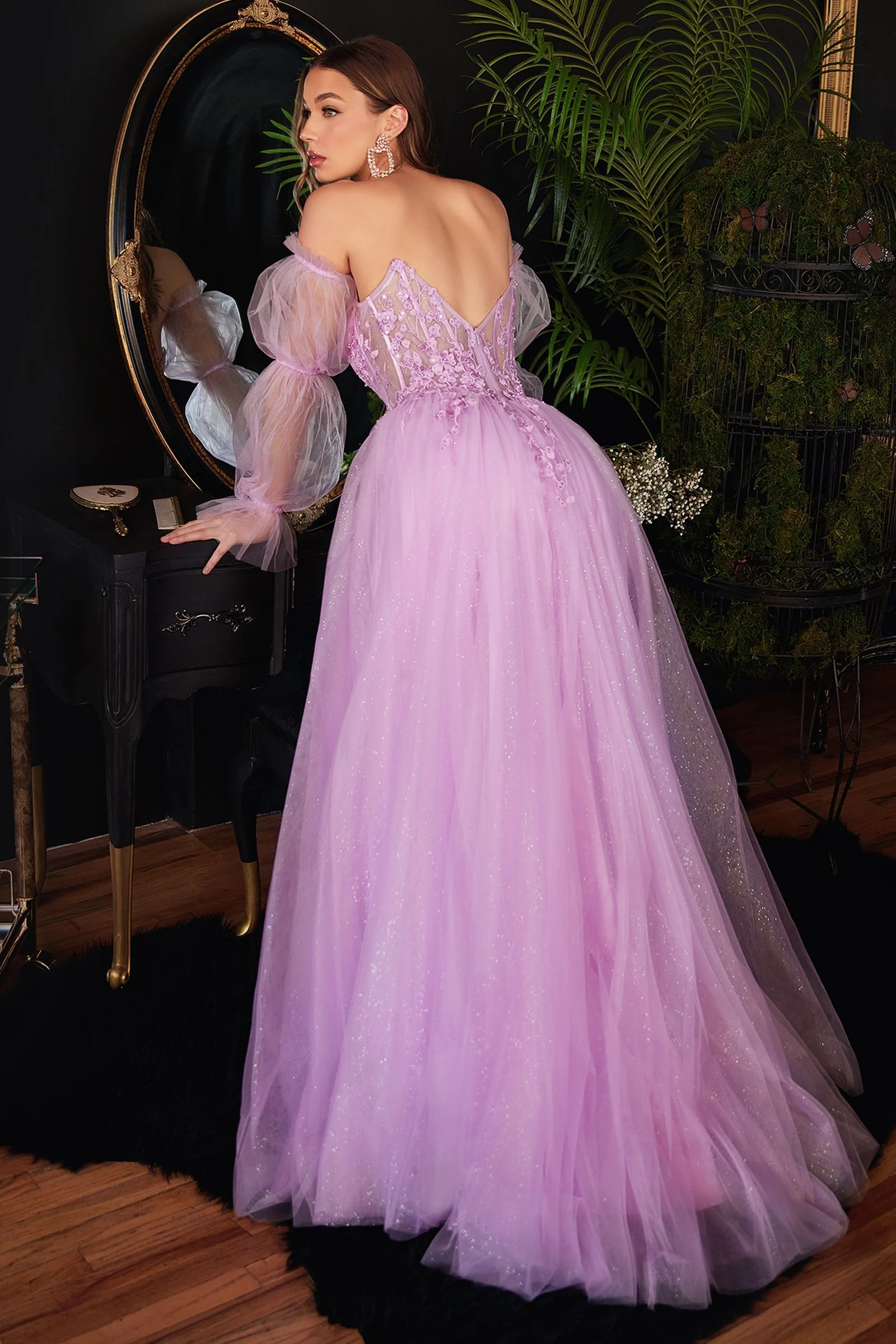 Ladivine CD997 Size 14 Dusty Rose Long Shimmer sheer lace corset long puff sleeve Dress Slit Formal Gown - Image 5