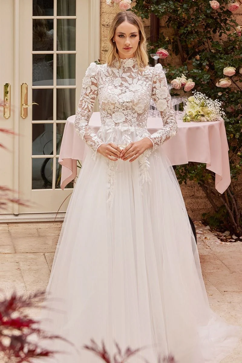 Ladivine CDS433W Sheer Lace Long Sleeve Bridal Ballgown Classy Wedding Dress Tulle Modest - Image 3