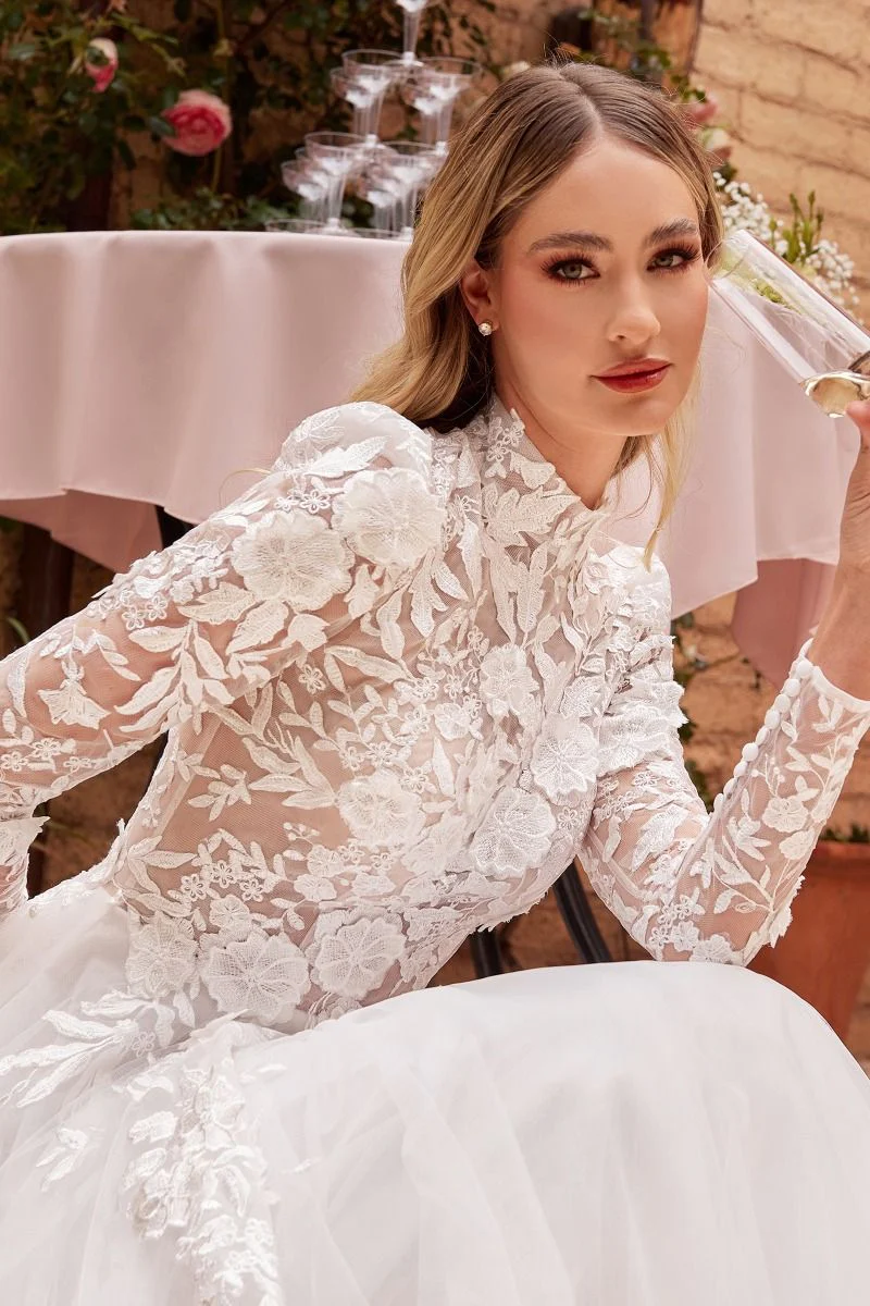 Ladivine CDS433W Sheer Lace Long Sleeve Bridal Ballgown Classy Wedding Dress Tulle Modest - Image 4