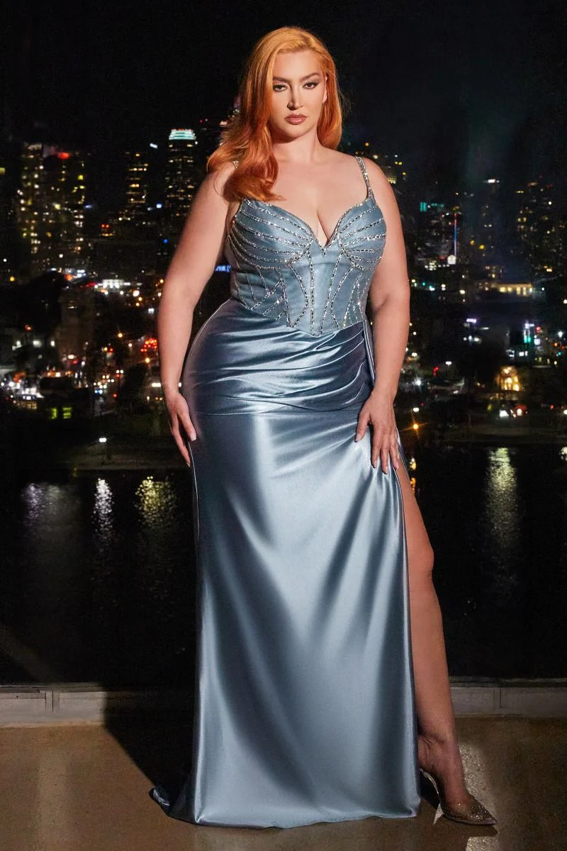 Ladivine CDS440 Sheer Crystal Corset Satin Prom Dress Slit Overskirt Plus Size Evening Gown - Image 9