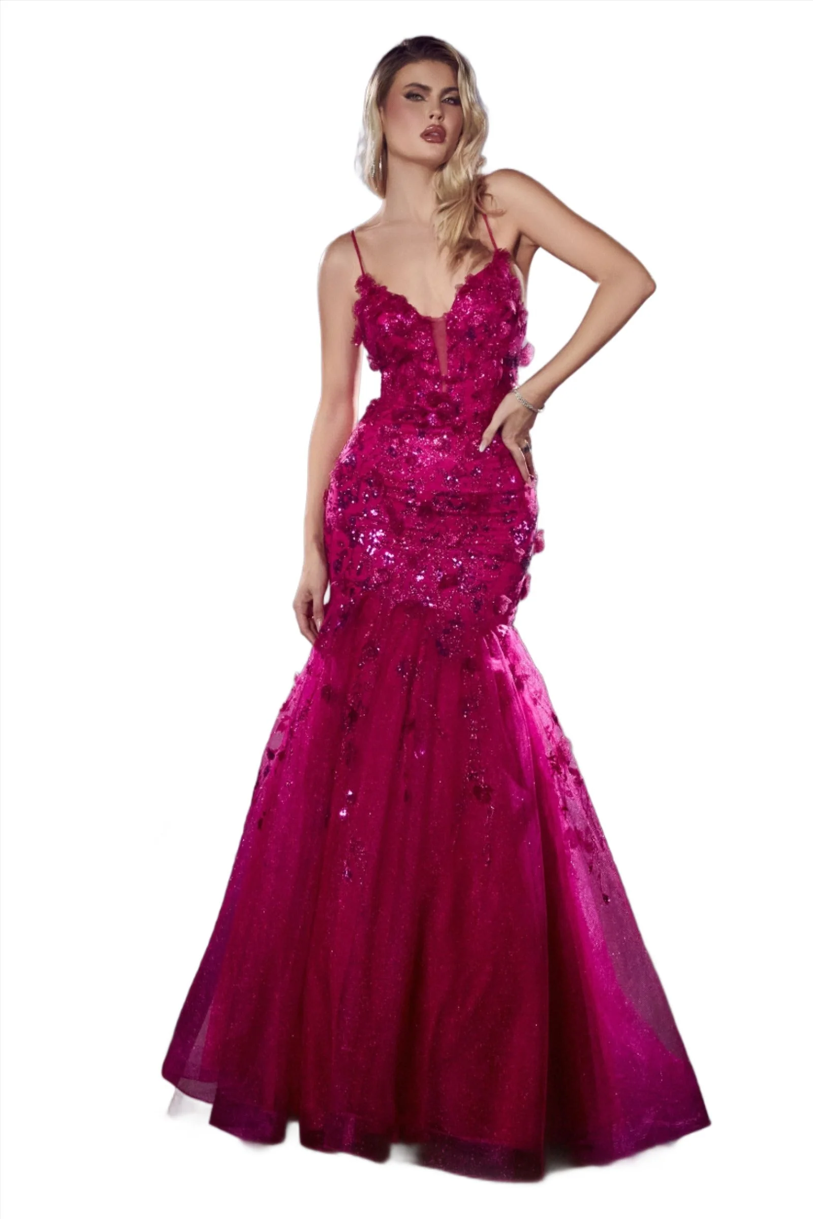 Ladivine CM328 Size 8 Royal Floral Mermaid Glitter Prom Dress Corset Formal Gown Sequin Shimmer - Image 3